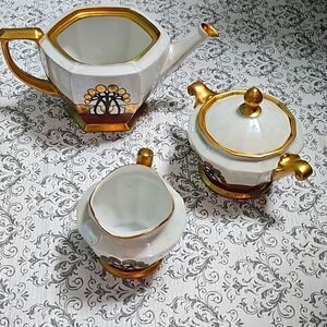 Antique Czech Signed 1926 Art Deco 24k Gold MZ Altroblau 3 Piece Tea Set